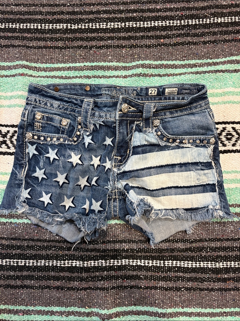 Miss Me Blue Distressed American Flag Denim Cutoff Shorts